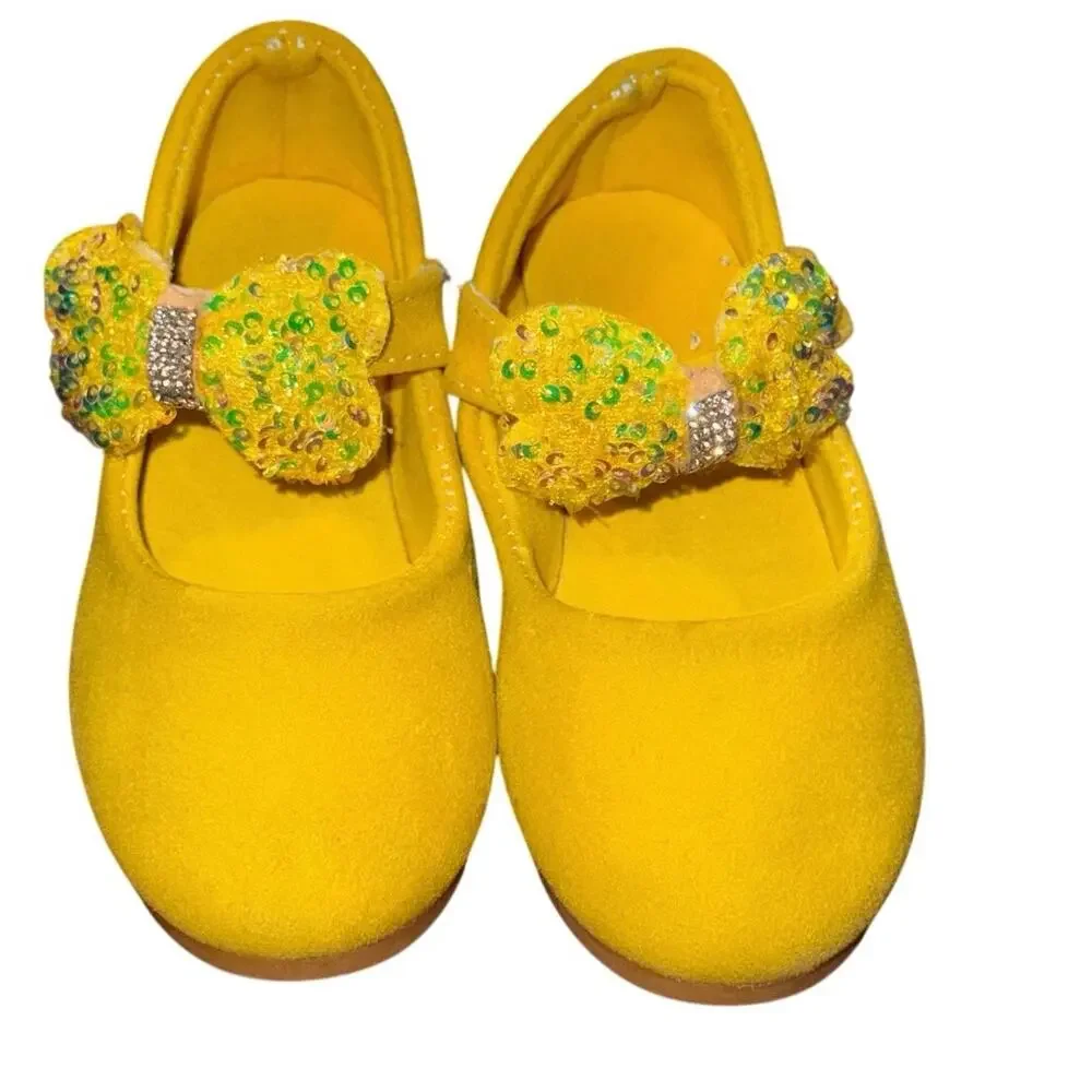 Neon Yellow Toddler Mary Jane Shoes Sequin Bow Girls Size 9C EU 26 Flats